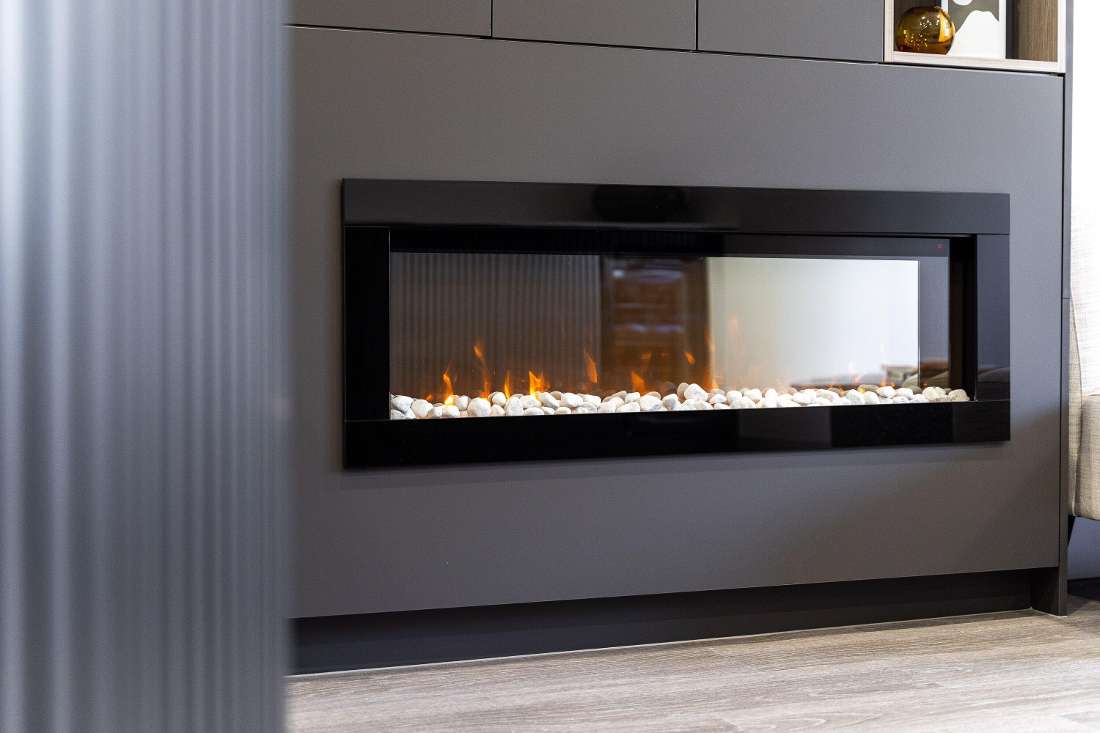 Fireplace in the waiting room at the Smile Suite